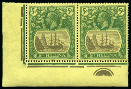 Stamp of St. Helena 1922-37 5s Grey & Green on yellow showing variety "cleft rock" in mint hr lower left corner marginal plate pair