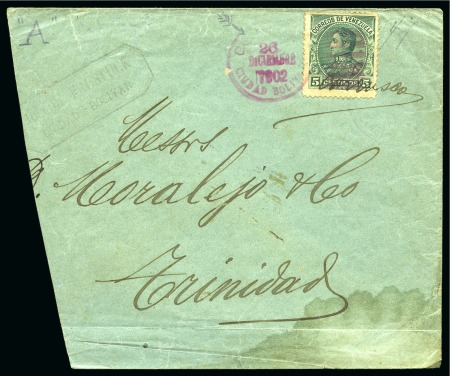 Stamp of Venezuela 1902 (Dec 16). Envelope (reduced at left) from Ciudad Bolivar to Trinidad, franked by 1899-1901 5c, tied by 'Carrasco' signature 