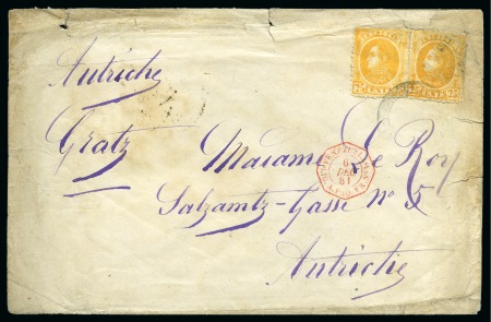 Stamp of Venezuela 1880, 25c yellow, two singles on large cover to Graz, Austria, tied by 2 Dec. 1881 indistinct cds, with red 'VENEZUELA/LIG. A. PAQ. FR. N° 1' octagonal ds,