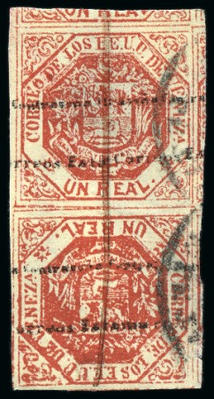 Stamp of Venezuela 1875, 1r vermilion, vertical TÊTE-BÊCHE pair, originating