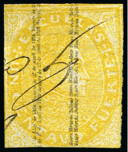 Stamp of Venezuela 1871, "Escuelas" 1c yellow, 2nd printing, VERTICAL OVERPRINT, 