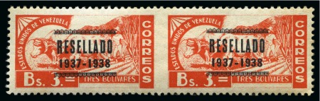 Stamp of Venezuela 1937, 3b red orange, pair imperforate in between