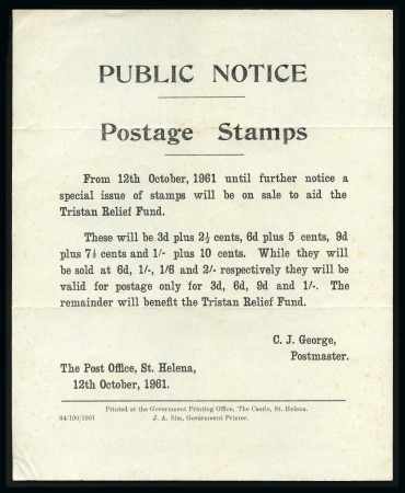 Stamp of St. Helena 1961 Tristan Relief "PUBLIC NOTICE" from the Postmaster announcing the issue plus photocards of the destruction of the remainders