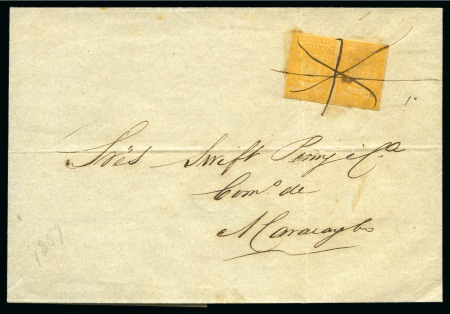 Stamp of Venezuela 1859, 1/2r orange, fine impression, pair on cover from Escuque to Maracaibo