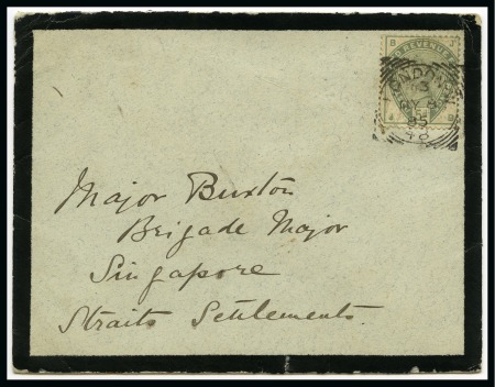 Stamp of Great Britain » 1854-1900 Postal History of the Perforated Line Engraved and Surface Printed Issues 1885 5d dull green London to 'Major Buxton' Singapore 