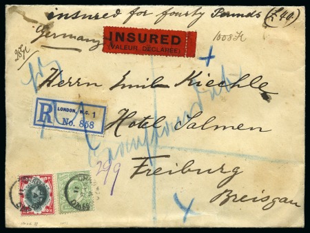 Stamp of Great Britain » King Edward VII » 1902-10 De La Rue Issues  1911 Insured Foreign Registered 1s SG259 London to Freiburg