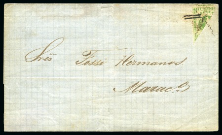 Stamp of Venezuela 1863-64, 2r green, diagonal half, upper right corner