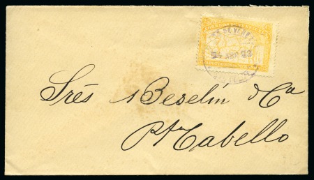 Stamp of Venezuela 1896, 25c yellow, tied by San Felipe blue cds on April
