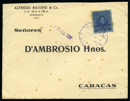 Stamp of Venezuela 1937, 25c on 40c indigo, used on Feb. 7, 1938 commercial