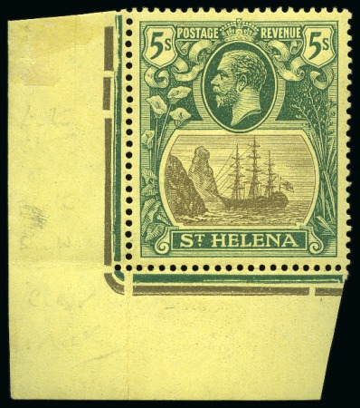Stamp of St. Helena 1922-37 5s Grey & Green on yellow paper in mint hr lower left corner marginal single NOT SHOWING VARIETY "cleft rock"