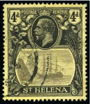 Stamp of St. Helena 1922-37 4d Grey & Black on yellow, three used stamps showing varieties "broken mainmast", "torn flag" and "cleft rock"