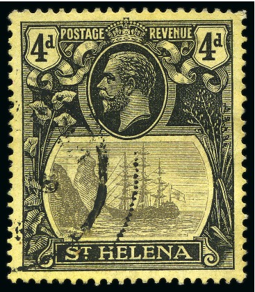 Stamp of St. Helena 1922-37 4d Grey & Black on yellow, three used stamps showing varieties "broken mainmast", "torn flag" and "cleft rock"