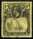 Stamp of St. Helena 1922-37 4d Grey & Black on yellow, three used stamps showing varieties "broken mainmast", "torn flag" and "cleft rock"