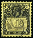 Stamp of St. Helena 1922-37 4d Grey & Black on yellow, three used stamps showing varieties "broken mainmast", "torn flag" and "cleft rock"