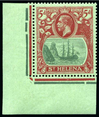 Stamp of St. Helena 1922-37 5d Green & Deep Carmine on green, 1927 July printing, showing variety "cleft rock" in mint nh lower left corner marginal single