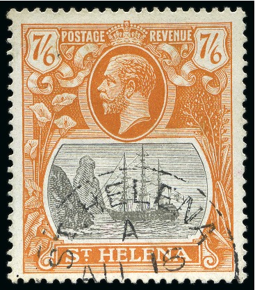 Stamp of St. Helena 1922-37 7s6d Brownish Grey & Orange, 1937 April second printing, with neat St. Helena cds