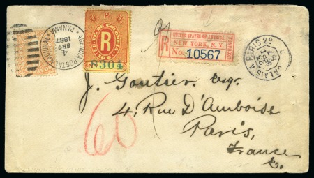 Stamp of Panama 1887 (Sept 4). Registered cover to Paris bearing Colombia 1886 10c tied by dispatch duplex of Panama City, alongside with Colombia 1883 registration 10c 