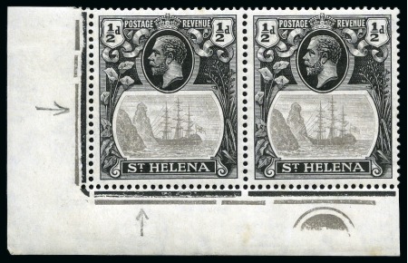 Stamp of St. Helena 1922-37 1/2d, 1d, 1 1/2d and 3d showing variety "cleft rock" in matching mint lower left corner marginal pairs with plate number