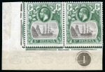 Stamp of St. Helena 1922-37 1/2d, 1d, 1 1/2d and 3d showing variety "cleft rock" in matching mint lower left corner marginal pairs with plate number