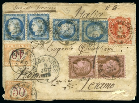 Stamp of Argentina » General issues 1875 (July 4). Cover from San Pedro to Teramo, Italy, with internal postage 1867-68 5c and France 1870-75 10c pair and 25c (4) paying the transatlantic mail to Marseilles, all tied by "SAN PEDRO" cds's