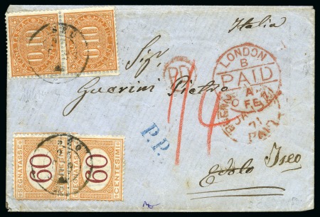 Stamp of Argentina » Postal History British P.O. 1871 (Jan 11),Italian postage dues 1869 10c pair in mixed franking with 1870-74 60c (2), a unique combination through the Br. P.O. on mail to Italy.