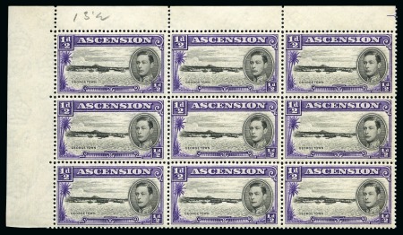 Stamp of Ascension » King George VI 1938-53 1/2d Black & Violet perf. 13 1/2 showing variety "long E" ABSENT in mint nh top left corner marginal block