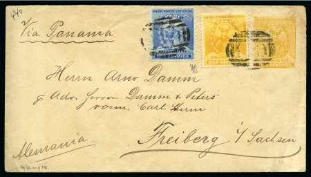 Stamp of Peru » General Issues 1898 (Jan 7). Pizarro 10c postal stationery envelope from Paita to Freiberg, Germany, additionally franked by 1896-1900 2c and 10c,