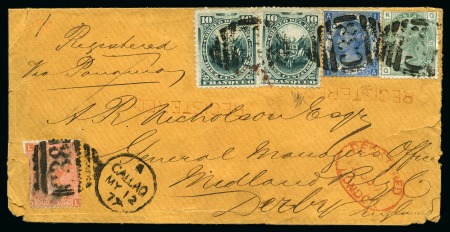 Stamp of Peru » British Post Offices Callao. 1877 (May 12) registered envelope from Callao to Derby, England, bearing Peru 1876 10c (2) in combination with GB 1865 4d pl. 14 (defective), 1873 1s pl. 12 and 1867 2s pl. 1