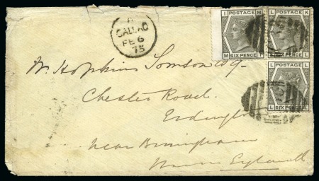 Stamp of Peru » British Post Offices Callao. 1875 (Feb 6) envelope to Birmingham bearing single and pair of 1873-80 6d pl. 13, 
