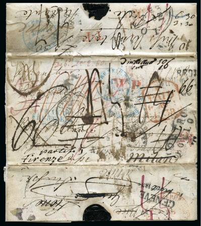 Stamp of Peru » Pre-Adhesive Period Entire letter from a sender on board the HMS "Harrier" at Callao addressed to Brussels,  with letter's perambulations around Europe beginning at Liverpool, then London, Brussels, Geneva, Nice, Lyon, Milan and Florence, 