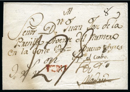 Stamp of Peru » Pre-Adhesive Period 1810ca. Folded cover to Madrid redirected to Seville, with instructional "Buenos Ayres por el Cabo" (De Hornos),
