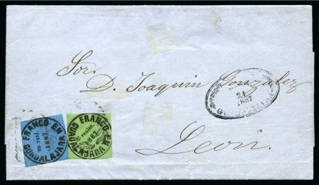 Stamp of Mexico » Guadalajara 1867, first printing, 1r on dark blue and 2r on green medium wove paper, on cover