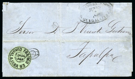 Stamp of Mexico » Guadalajara 1867, second printing, 2r on green thin quadrille paper on cover