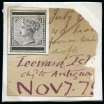 Stamp of Leeward Islands 1879 De La Rue master die proofs on two striking book pieces, both with void country and value tablets with one showing cleared tablets and the other with filled tablets