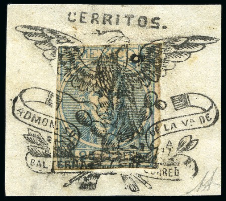 Stamp of Mexico » Later Issues 1868, 25c blue on pink, tied to piece by "CERRITOS/ADMON. SU-BALTERNA DE CORREO DE LA VA. DE" 