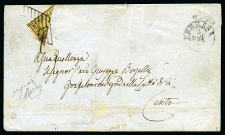 Stamp of Italian States » Romagna 1859, lotto composto dalla serie nuova con gomma, più 13 francobolli usati, la maggior parte su frammento e compreso un 8 b., come pure una lettera da Ferrara per Cento affr. con un 2 b. frazionato a metà