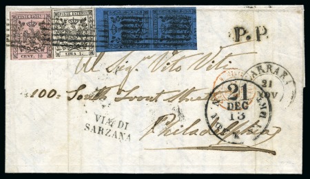 Stamp of Italian States » Modena 1852, 10 c. rosa chiaro e copia verticale del 40 c. azzurro scuro, bordo di foglio in alto però corto in basso, entrambi senza punto dopo le cifre, e 1 l. bianco con grandi margini, tutti usati su lettera da Carrara per