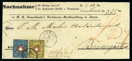 Stamp of Switzerland / Schweiz » Rayonmarken » Rayon I, dunkelblau ohne Kreuzeinfassung 5 Rp. dunkelblau ohne KE, Type 15 und 10 Rp. gelb Type 26 A2 LU, auf Nachnahmevorderseite nach Bremgarten adressiert