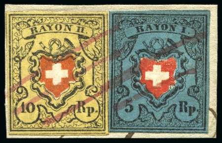 Stamp of Switzerland / Schweiz » Rayonmarken » Rayon I, dunkelblau ohne Kreuzeinfassung 5 Rp. dunkelblau ohne KE, Type 22 und 10 Rp. gelb Type 15 A2 LO, auf kleinem Briefstück