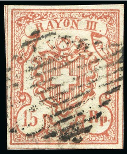 Stamp of Switzerland / Schweiz 1852 Rayon III 15 Rp. rot, grosse Ziffer, Type 1. Sauber gestempelt mit schwarzer Raute