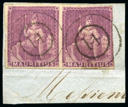 Stamp of Mauritius » 1858-62 Britannia Issues (SG 26-35) 1858-62 (9d) Dull Magenta pair tied to piece by crisp "14" numerals of Plaine Magnan