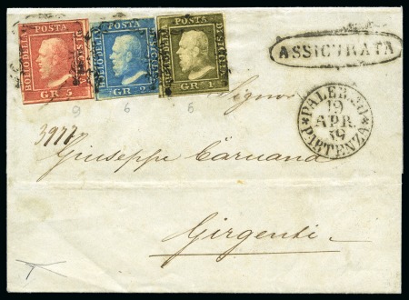 Stamp of Italian States » Sicily 1859, 5 gr. rosa carminio I tav., margini molto buoni, 1 gr. verde oliva III tav. e 2 gr. azzurro chiaro I tav., su lettera assicurata