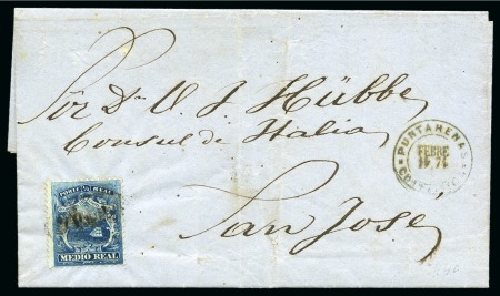 Stamp of Costa Rica 1863, 1/2r blue, on Feb. 14 1874 entire letter to San José