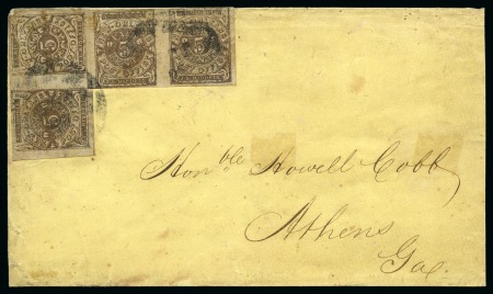 Stamp of United States » Confederate States » Postmasters' Provisionals New Orleans, LA : 5c brown, two horizontal pairs, tied on yellow envelope