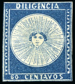 Stamp of Uruguay » General Issues 1856, "Diligencia" 60c blue, pos. 10, good margins