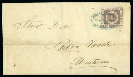 Stamp of Uruguay » General Issues 1861, 60c slate brown, complete transfer reconstruction of the 12 types, and cover with single, all with bleu Paysandú cancels