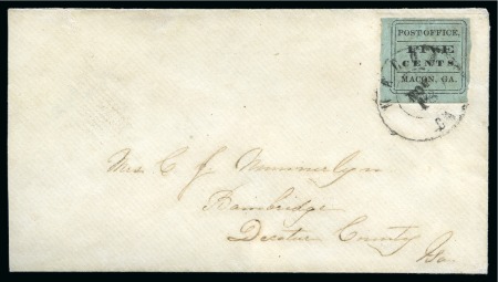 Stamp of United States » Confederate States » Postmasters' Provisionals Macon, GA : 5c black on light blue green (53X1), good to very large margins, tied MACON/GA cds on cover