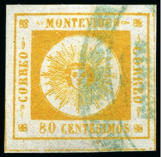 Stamp of Uruguay 1859, Thin Numerals 80c yellow, cancelled by oval of Rincon