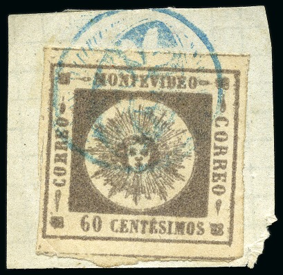 Stamp of Uruguay » General Issues 1859, Thin Figures 60c two examples, one on piece, and 80c, all well margined and cancelled by "scarab" 