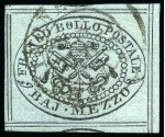 Stamp of Italian States » Papal States 1852, 1/2 b. grigio azzurro, usato (cert. Sorani 1997), e 4 b. bruno su frammento con d.c. di Senigallia (cert. Colla 2017), entrambi recanti gli otto filetti di separazione